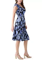 Women's Cap Sleeve Boat Neck Printed Mesh Fit and Flare Dress