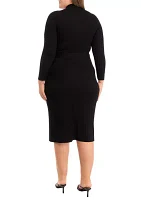 Plus Long Sleeve High Neck Belted Fit and Flare Dress