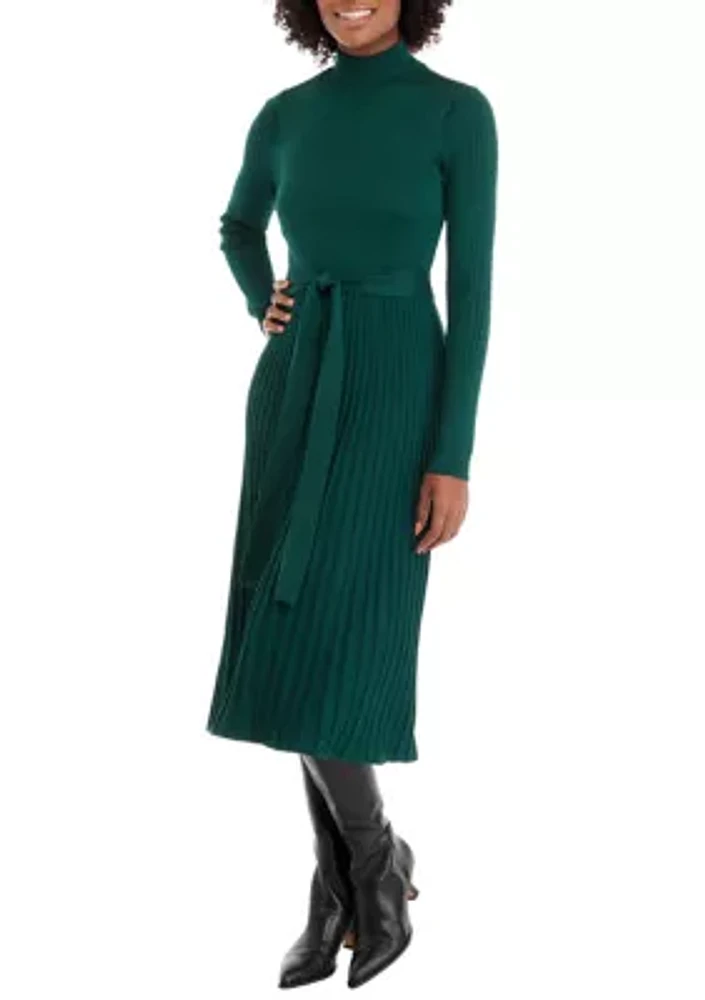 Women's Long Sleeve Mock Neck Tie Waist Fit and Flare Sweater Dress