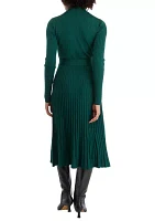 Women's Long Sleeve Mock Neck Tie Waist Fit and Flare Sweater Dress