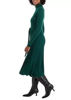 Women's Long Sleeve Mock Neck Tie Waist Fit and Flare Sweater Dress