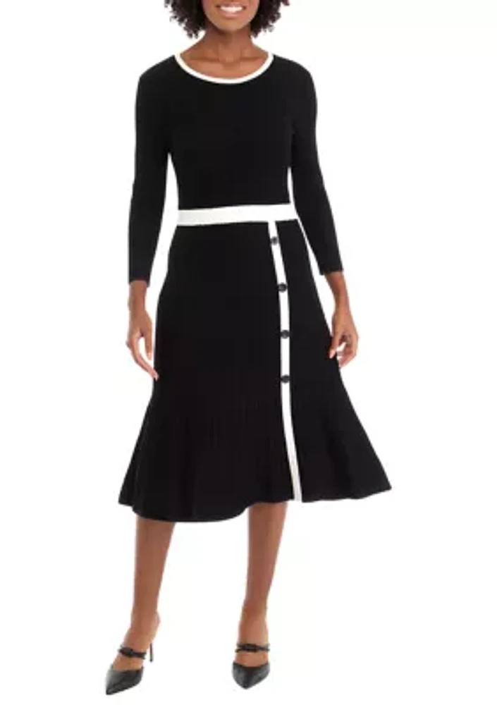 Women's Long Sleeve Solid A-Line Sweater Dress with Contrast Trim