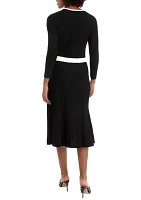 Women's Long Sleeve Solid A-Line Sweater Dress with Contrast Trim