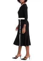 Women's Long Sleeve Solid A-Line Sweater Dress with Contrast Trim