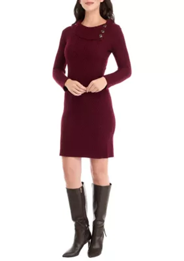 Women's Buttoned Textured Solid Sweater Sheath Dress