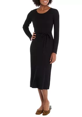 Women's Long Sleeve Tie Waist Fit-and-Flare Sweater Dress