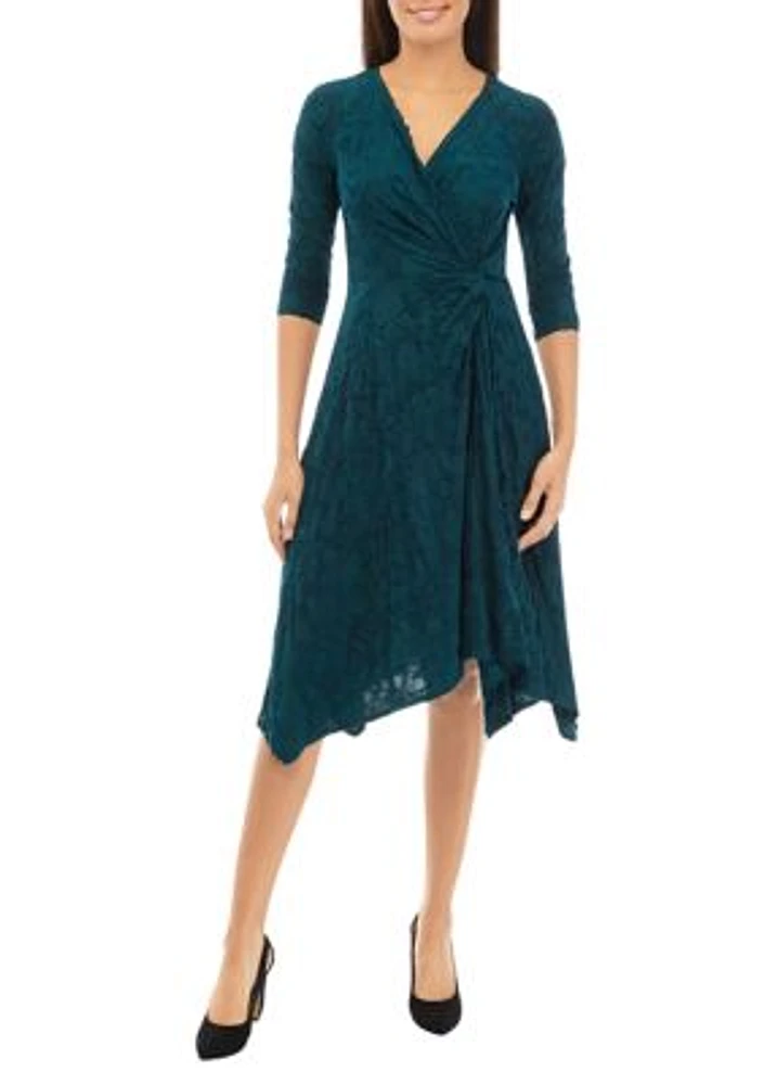 Women's 3/4 Sleeve V-Neck Side Knot Burnout Dress