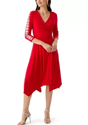 Women's 3/4 Sleeve V-Neck Solid Fit and Flare Dress