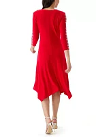 Women's 3/4 Sleeve V-Neck Solid Fit and Flare Dress