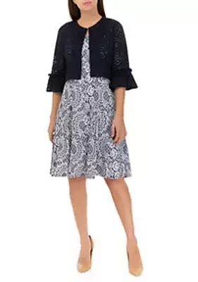 Perceptions Women's 3/4 Sleeve Crochet Jacket and Printed Lace Pattern Dress