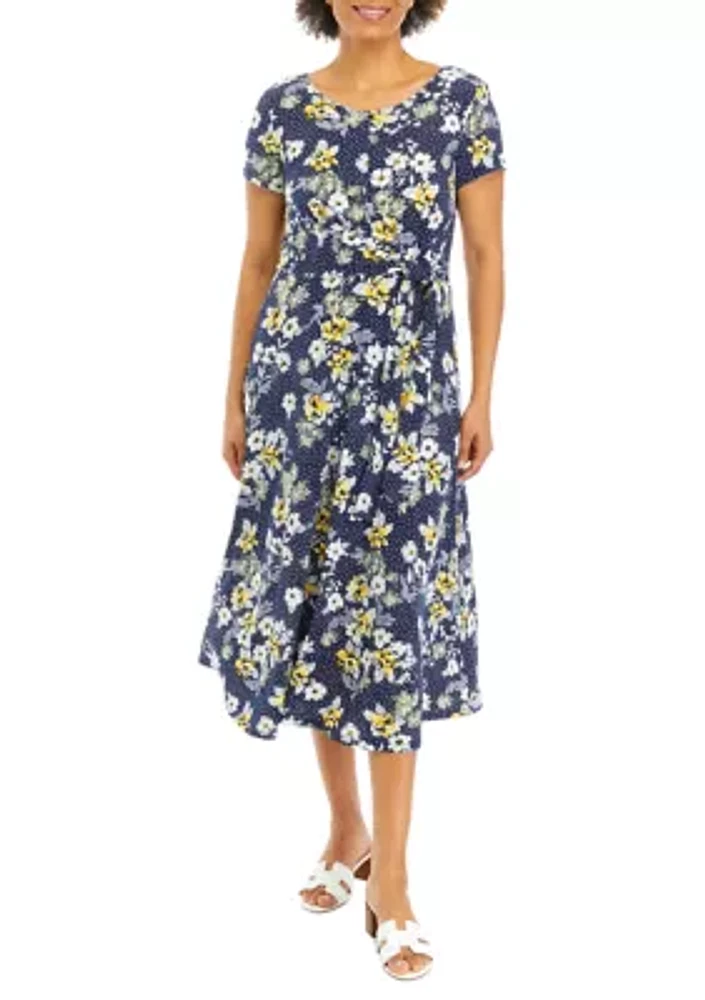 Women's Short Sleeve Ditsy Floral Print Side Tie Midi Dress