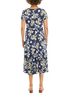 Women's Short Sleeve Ditsy Floral Print Side Tie Midi Dress