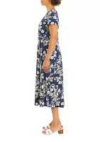 Women's Short Sleeve Ditsy Floral Print Side Tie Midi Dress