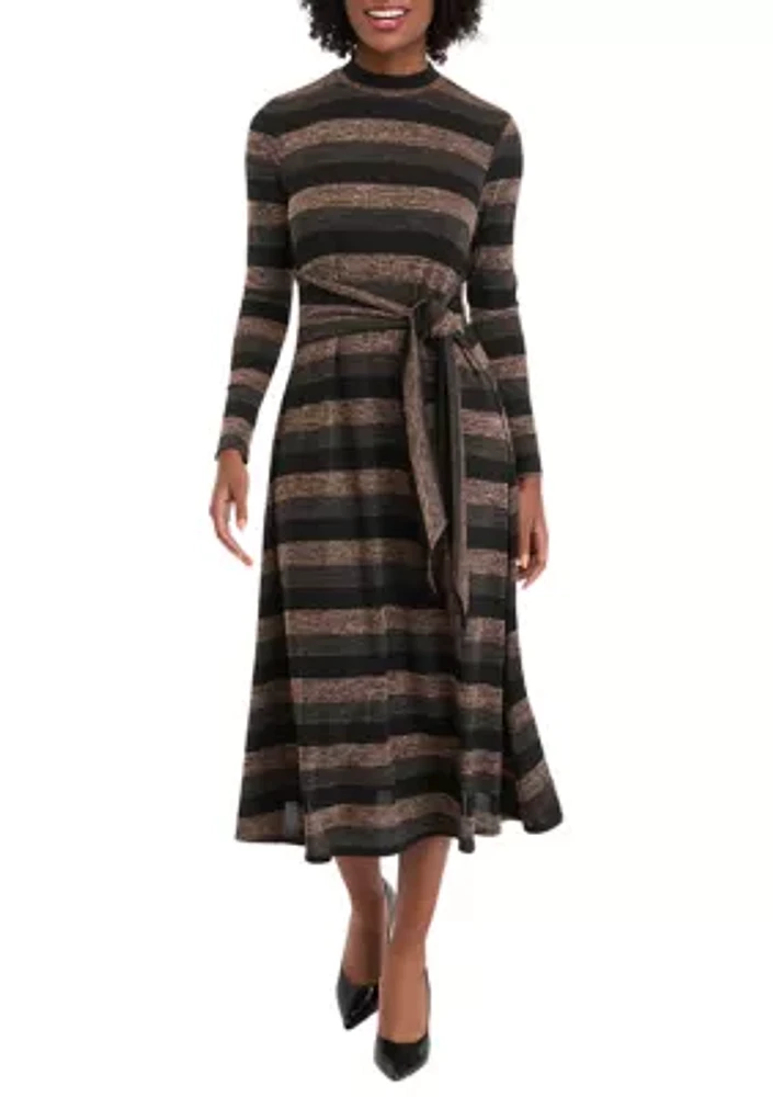 Women's Long Sleeve High Neck Striped Belted Midi Dress