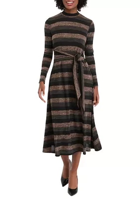 Women's Long Sleeve High Neck Striped Belted Midi Dress