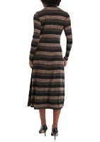 Women's Long Sleeve High Neck Striped Belted Midi Dress