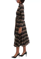 Women's Long Sleeve High Neck Striped Belted Midi Dress