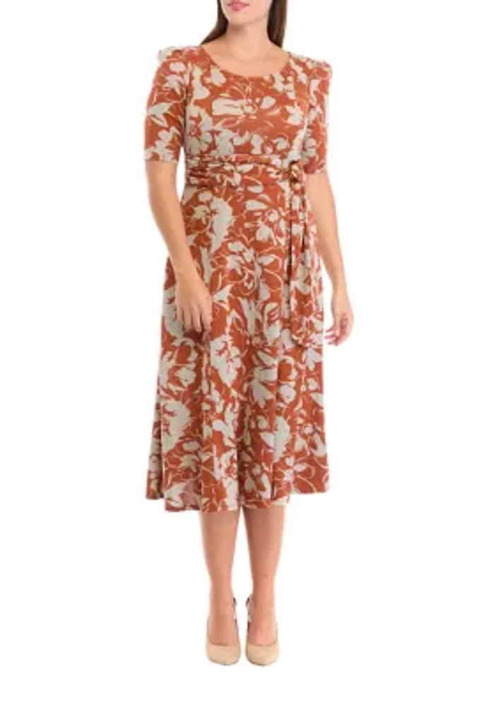 Women's Short Sleeve Crew Neck Floral Print Tie Wrap Fit and Flare Dress