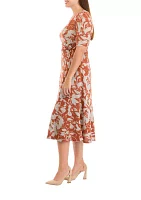 Women's Short Sleeve Crew Neck Floral Print Tie Wrap Fit and Flare Dress