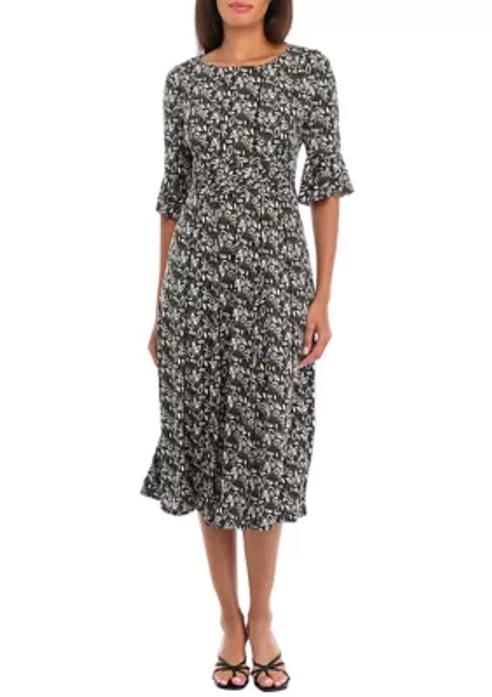 Women's Leaf Print Tie Waist Midi Fit and Flare Dress