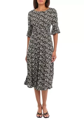 Women's Leaf Print Tie Waist Midi Fit and Flare Dress