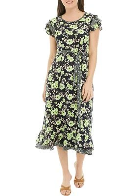 Women's Short Sleeve Ditsy Print Floral Belted Midi Dress