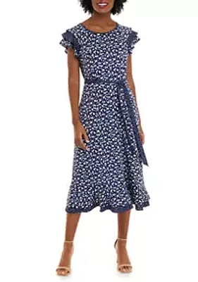 Perceptions Women's Short Sleeve Printed Dot Fit and Flare Dress