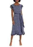 Perceptions Women's Short Sleeve Printed Dot Fit and Flare Dress