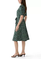 Women's Short Sleeve Crew Neck Tie Waist Printed Bouclé Fit and Flare Dress