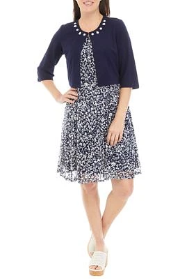 Women's 3/4 Sleeve Scuba Crepe Floral Fit and Flare Dress with Jacket