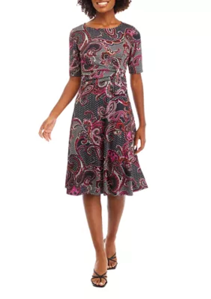 Women's Short Sleeve Round Neck Paisley Print Fit and Flare Dress