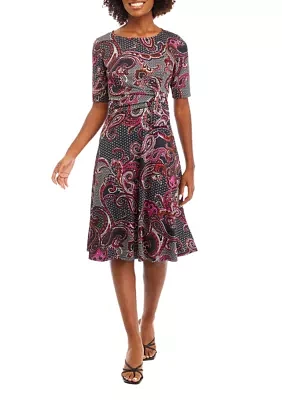 Women's Short Sleeve Round Neck Paisley Print Fit and Flare Dress