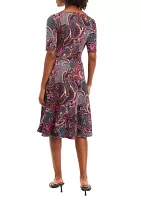 Women's Short Sleeve Round Neck Paisley Print Fit and Flare Dress