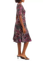 Women's Short Sleeve Round Neck Paisley Print Fit and Flare Dress