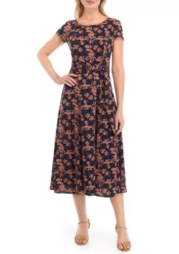 Women's Short Sleeve Round Neck Printed Side Belt Fit and Flare Dress