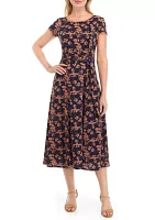 Women's Short Sleeve Round Neck Printed Side Belt Fit and Flare Dress