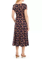 Women's Short Sleeve Round Neck Printed Side Belt Fit and Flare Dress