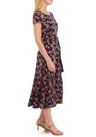 Women's Short Sleeve Round Neck Printed Side Belt Fit and Flare Dress