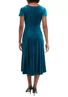 Women's Cap Sleeve Scoop Neck Tie Waist Velvet Dress