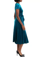 Women's Cap Sleeve Scoop Neck Tie Waist Velvet Dress