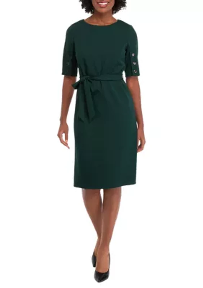 Women's Button Crew Solid Belted Fit and Flare Dress