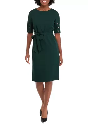 Women's Button Crew Solid Belted Fit and Flare Dress