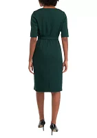 Women's Button Crew Solid Belted Fit and Flare Dress