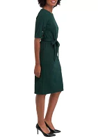 Women's Button Crew Solid Belted Fit and Flare Dress