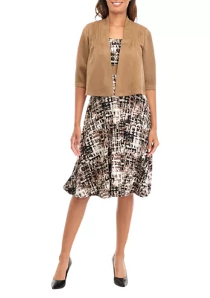 Women's Abstract Print Dress with Suede Jacket