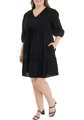 Plus 3/4 Sleeve V-Neck Solid Gauze Dress