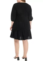 Plus 3/4 Sleeve V-Neck Solid Gauze Dress