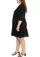 Plus 3/4 Sleeve V-Neck Solid Gauze Dress