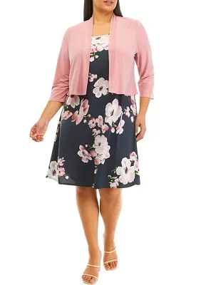 Plus Floral Printed Dress with Cardigan