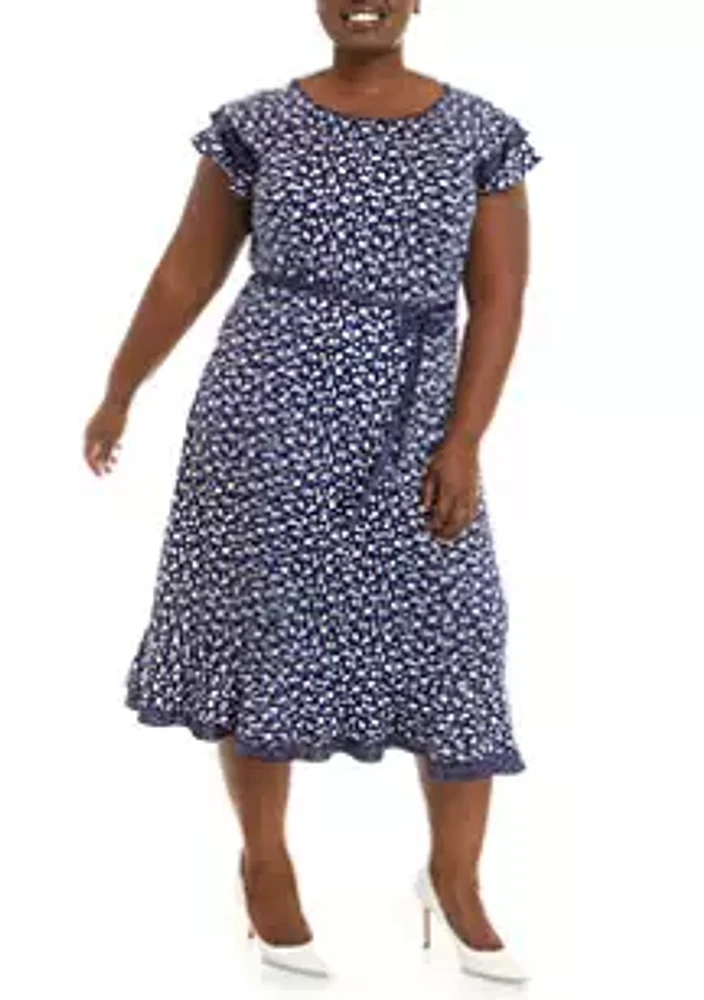 Perceptions Plus Triple Ruffle Dot Printed Midi Fit and Flare Dress